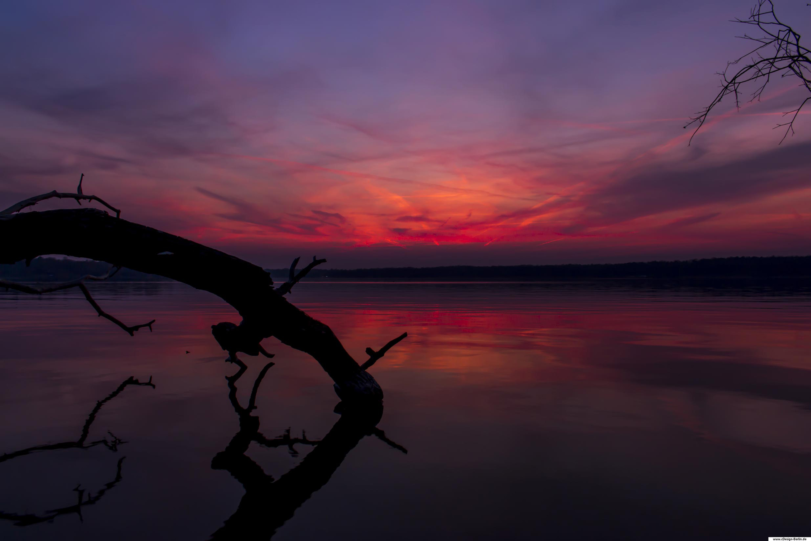 Wenn der Tag sich dem Ende neigt und die Sonne untergeht zieht es mich magisch hinaus. Dem Zauber, wenn die Sonne sich blutrot in die Nacht verabschiedet, kann ich mich nicht entziehen. Hier befinde ich mich an einem See, ein dicker Baumstamm  mit kleinen Verästlungen küsst den See, links vom Bild. Der See ist klar und ruhig, seine Farbe spiegelt den Sonnenuntergang wider. Am vorderen Bildrand ist ein dunkler Lila- blauton zu sehen, er geht in die Farben rosa, orange, rot und wieder ins dunkle lila / blau über. So ist auch der Himmel über mir. Am Ende des Sees eine Waldlichtung, als schwarze Silhouette zu sehen. Wenn die Welt für einen Augenblick still stehen könnte, wäre es an diesem Ort gewesen, es war ein magischer Moment. Der Wannsee zeigt sich von seiner schönsten Seite.