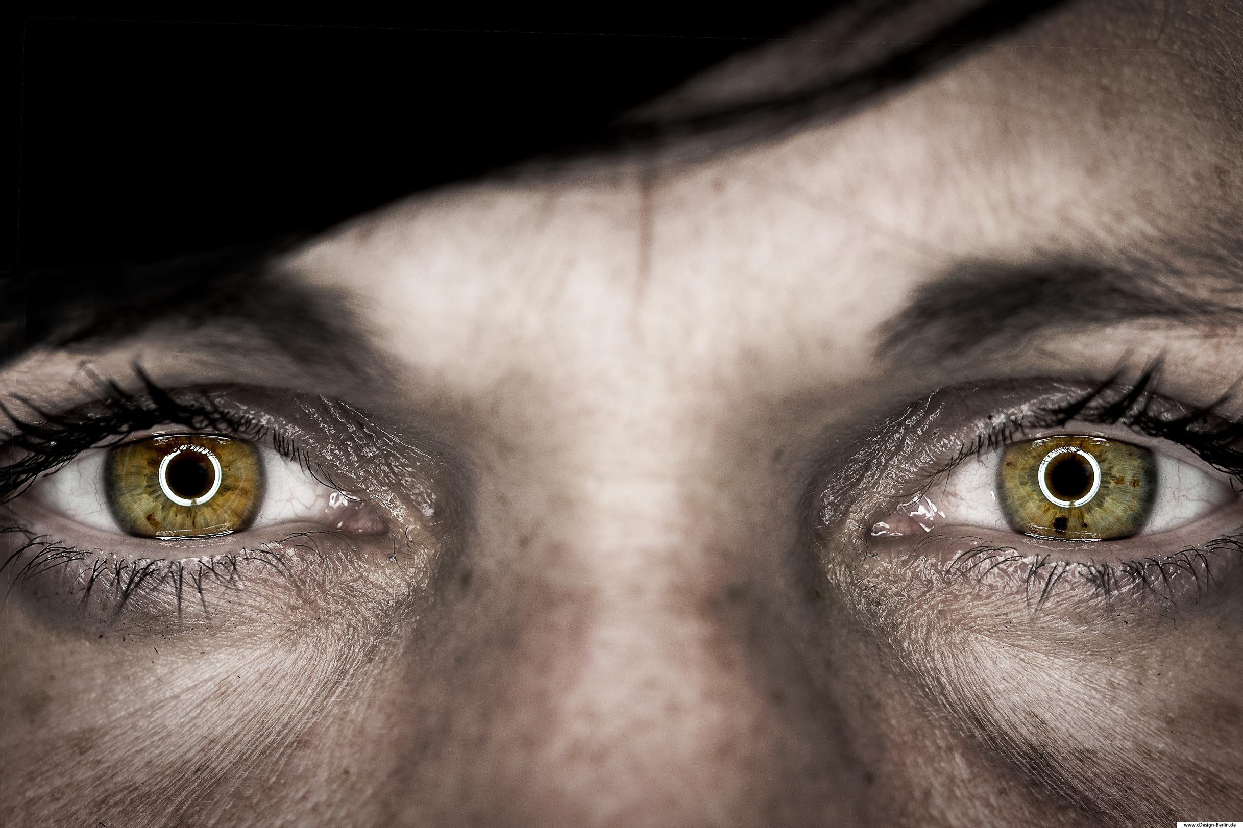 Augen spiegeln die Seele eines Menschen wider. Auf diesem Foto sind die Augen einer Frau zu sehen, deren Augenfarbe auf eine Katze schließen lässt, denn sie sind grün, braun gesprenkelt. Das rechte Auge hat einen schwarzen Fleck unterhalb der Pupille. Hier habe ich  mit einem Ringlicht gearbeitet. Je näher das Ringlicht, desto größer der Ring im Auge. Das Auge ist für den Betrachter sehr präsent und lässt Spielraum für eigene Interpretationen zu.