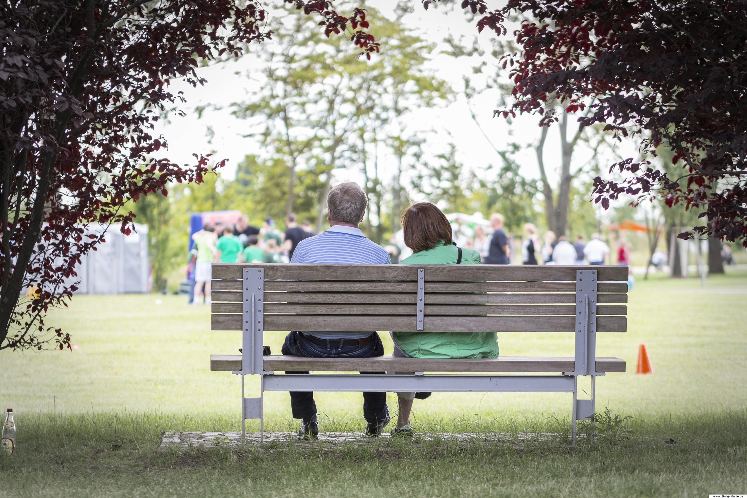 Oft laufe ich im Sommer durch die Parks Berlins. Immer wieder sehe ich Paare sitzend auf einer Bank, die die Natur einatmen und die Menschen ihrer Umgebung beobachten. Auf diesem Bild ist ein älteres Paar auf einer Parkbank zu sehen, links der Mann und rechts die Frau. Er trägt ein hellblaues Poloshirt und sie eine grüne Bluse. Beide beobachten, den Blick nach vorn gerichtet, eine Ansammlung von Menschen die sich zusammengefunden haben. Rechts und links von ihnen stehen Rotbuchen, die das Gesamtbild wundervoll untermalen.